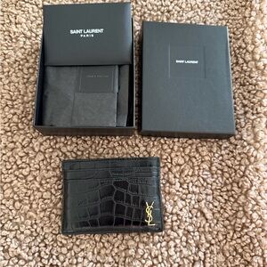 Saint Laurent Black and Gold Croc-Embossed Card Holder